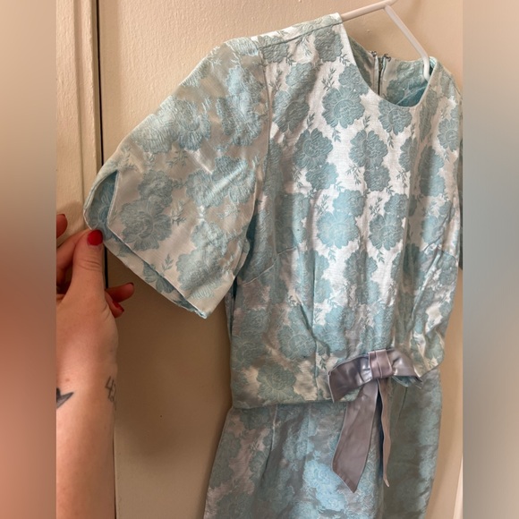 Handmade Vintage Precious 50’s 60’s Blue Floral Jacquard Dress - Picture 2 of 5